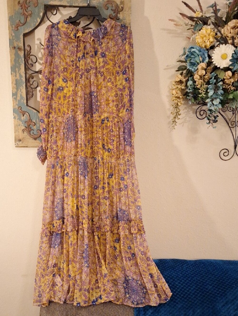 Anthropologie Mustard Yellow/Lavender Floral Tiered Maxi Dress. Size Medium NWT - Picture 11 of 15